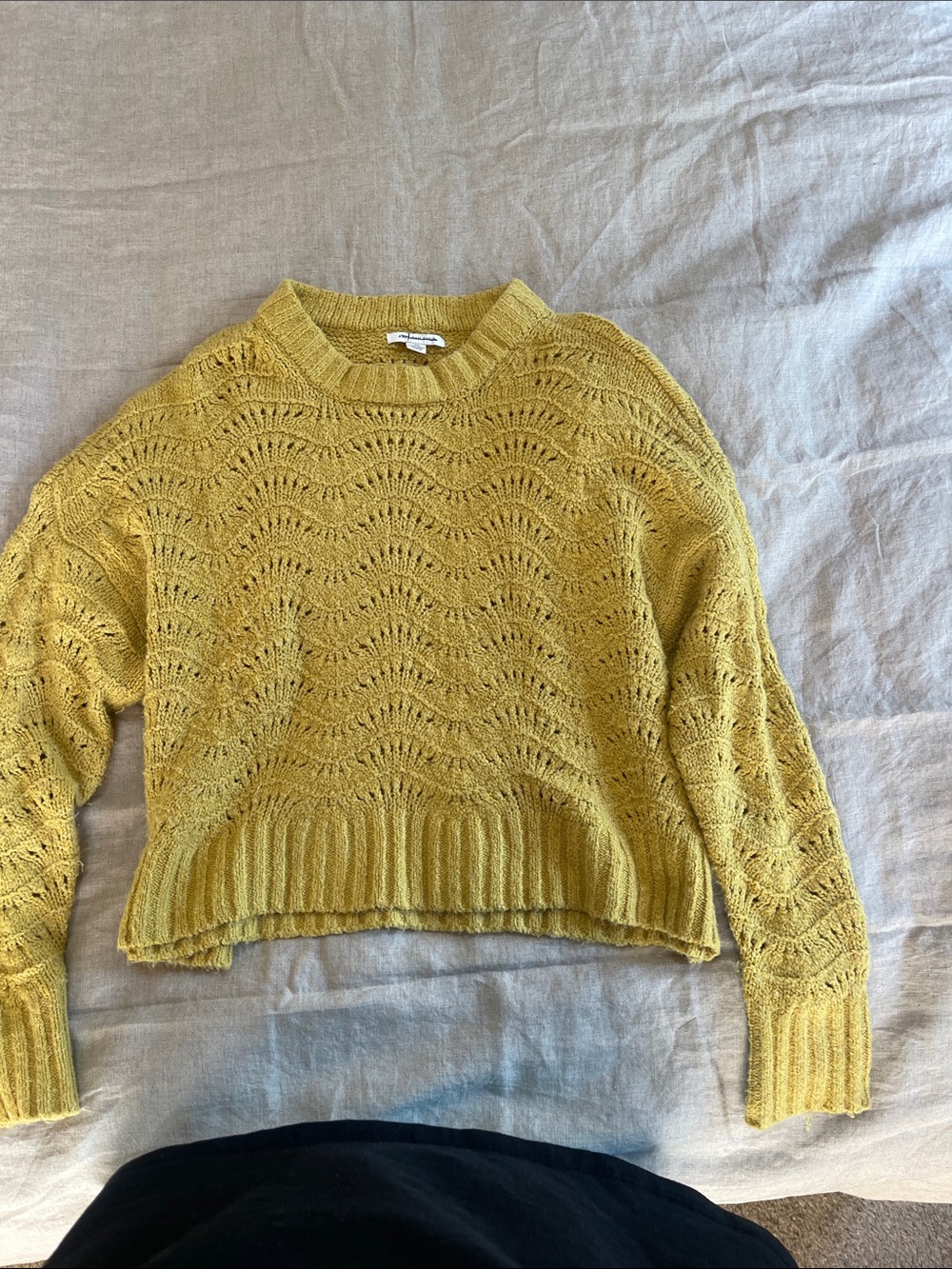 American Eagle Outfitters Open-Stitch Crewneck Sweater in Mustard
